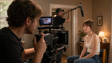 Independent filmmaker using a geared cine lens on a professional camera rig