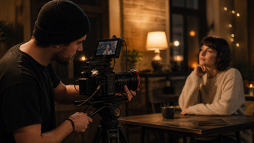 Filmmaker using a diffusion filter while recording a portrait with practical lights