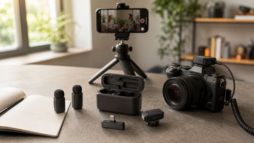 Hollyland Lark style wireless microphone kit with smartphone and camera setup for creator recording
