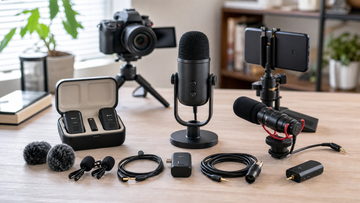 Creator microphones under Rs 20000 with wireless lavalier kit shotgun mic podcast mic and camera setup