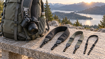 Camera clip and wide, medium and slim camera straps for hiking and travel