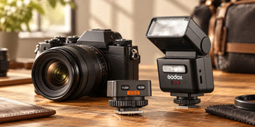 Godox iT32 compact flash, X5 trigger and mirrorless camera on a tabletop; generated illustration