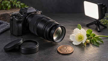 Camera with close-up conversion lens, flower and coin for macro photography