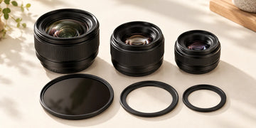 Three camera lenses, a shared glass filter and open step-up rings; generated illustration