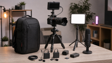 Professional YouTube video kit with camera light microphone monitor and backpack