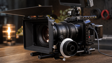 Cine-style manual lens on a camera rig with follow focus and matte box
