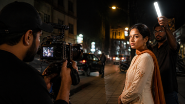 Filmmaker recording a night portrait using a black mist diffusion filter