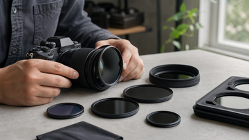 Photographer choosing circular ND filters for a mirrorless camera lens