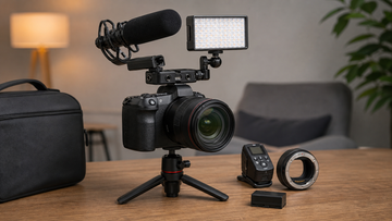 Canon EOS R creator kit with Multi-Function Shoe adapter, microphone, LED light and camera accessories