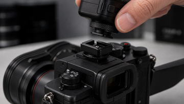 Close-up of a camera Multi-Function Shoe adapter being aligned with a shoe-mounted accessory