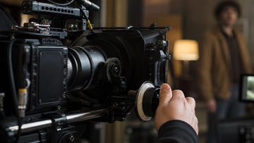 Camera assistant pulling focus with a geared cine lens and follow focus