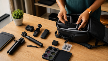 Compact creator camera kit packed with action camera pocket camera 360 camera filters memory cards and tripod