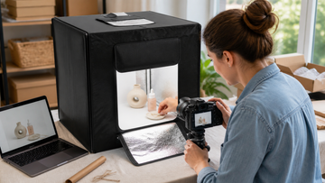 Small business owner photographing products inside a Godox LED light tent