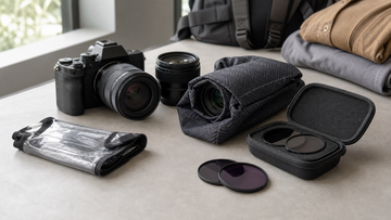 Camera protection accessories including protective wrapper cloth, rain cover and filter case arranged with camera gear
