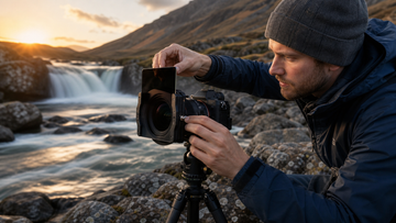 Landscape photographer using a square ND filter system on a tripod-mounted camera near moving water