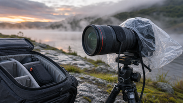 Outdoor photography setup with camera rain cover, open camera bag and protective accessories in misty weather