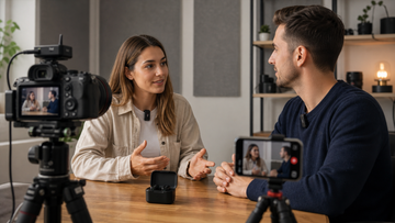 Two person interview setup using compact wireless lavalier microphones with camera and smartphone