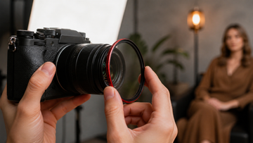 Videographer fitting a circular diffusion filter to a mirrorless camera lens