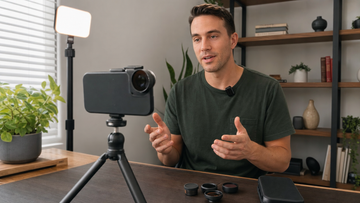 Creator recording a YouTube video with an iPhone mobile lens microphone and LED light