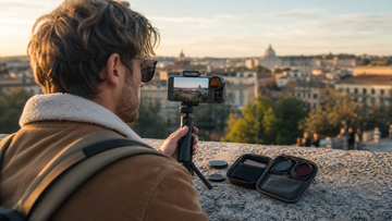 Travel creator filming with a smartphone mobile lens and ND filter
