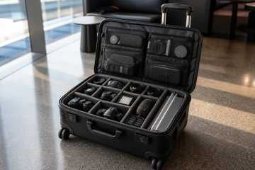 Unbranded carry-on roller camera case opened with organized photo and video gear