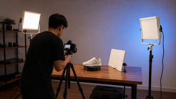Creator filming a product using bi-color and RGB LED panel lights