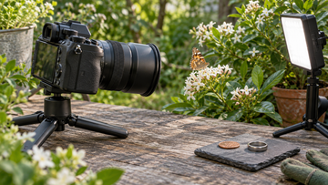 Macro photography setup for a butterfly, flower, coin and ring
