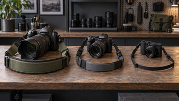 Wide, medium and slim camera straps paired with different camera sizes
