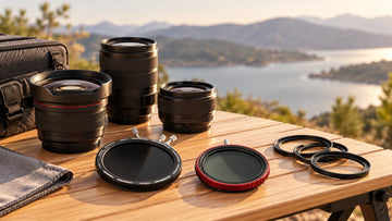 Multiple lenses with adjustable filter and threaded filter plus rings; generated workflow illustration