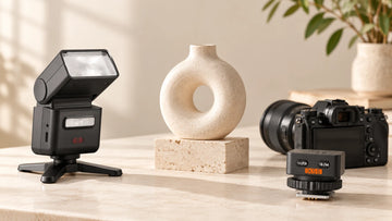 Compact off-camera flash kit arranged for a small home studio; generated workflow illustration