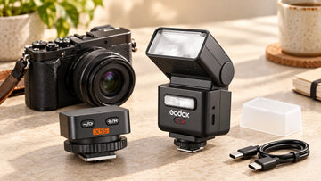 Godox iT32 and separate X5 trigger with camera and charging cable; generated kit illustration