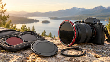 Haida magnetic filter kit beside a camera overlooking a lake; generated workflow illustration