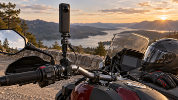 360 camera mounted securely on a touring motorcycle with a safety tether
