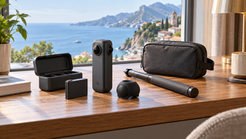 360 camera travel kit with spare battery, charging case, protective cap and selfie stick