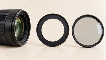 Lens front thread, open metal step-up ring and larger glass filter arranged separately; generated illustration