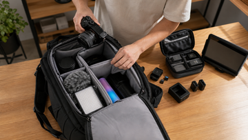 YouTube creator packing camera microphone LED light monitor batteries and memory cards